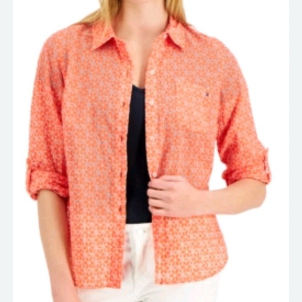 Tommy Hilfiger Orange Burnout Floral Semi-Sheer ButtonUp Blouse Women’s L Top